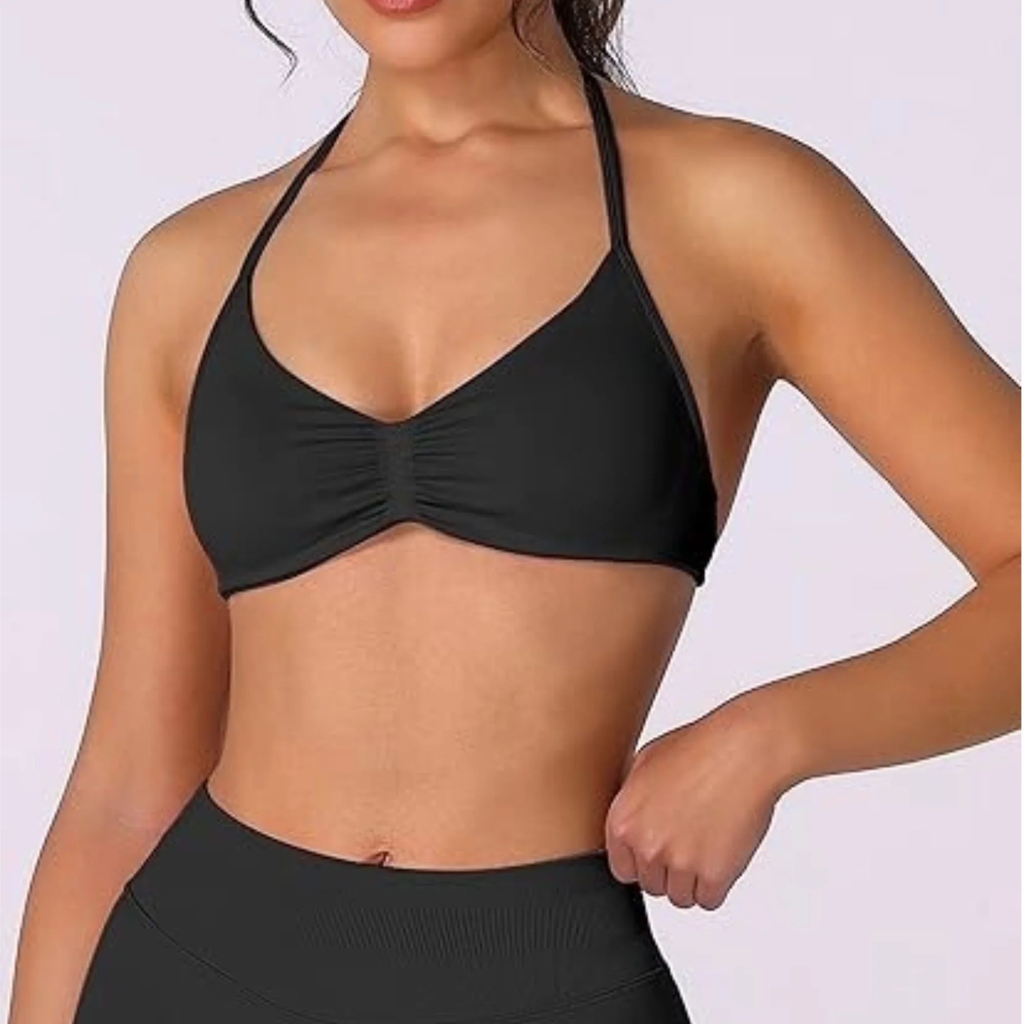 High Support Strappy Halter Sports Bra Top – Seamless Scrunch Yoga Workout Tank