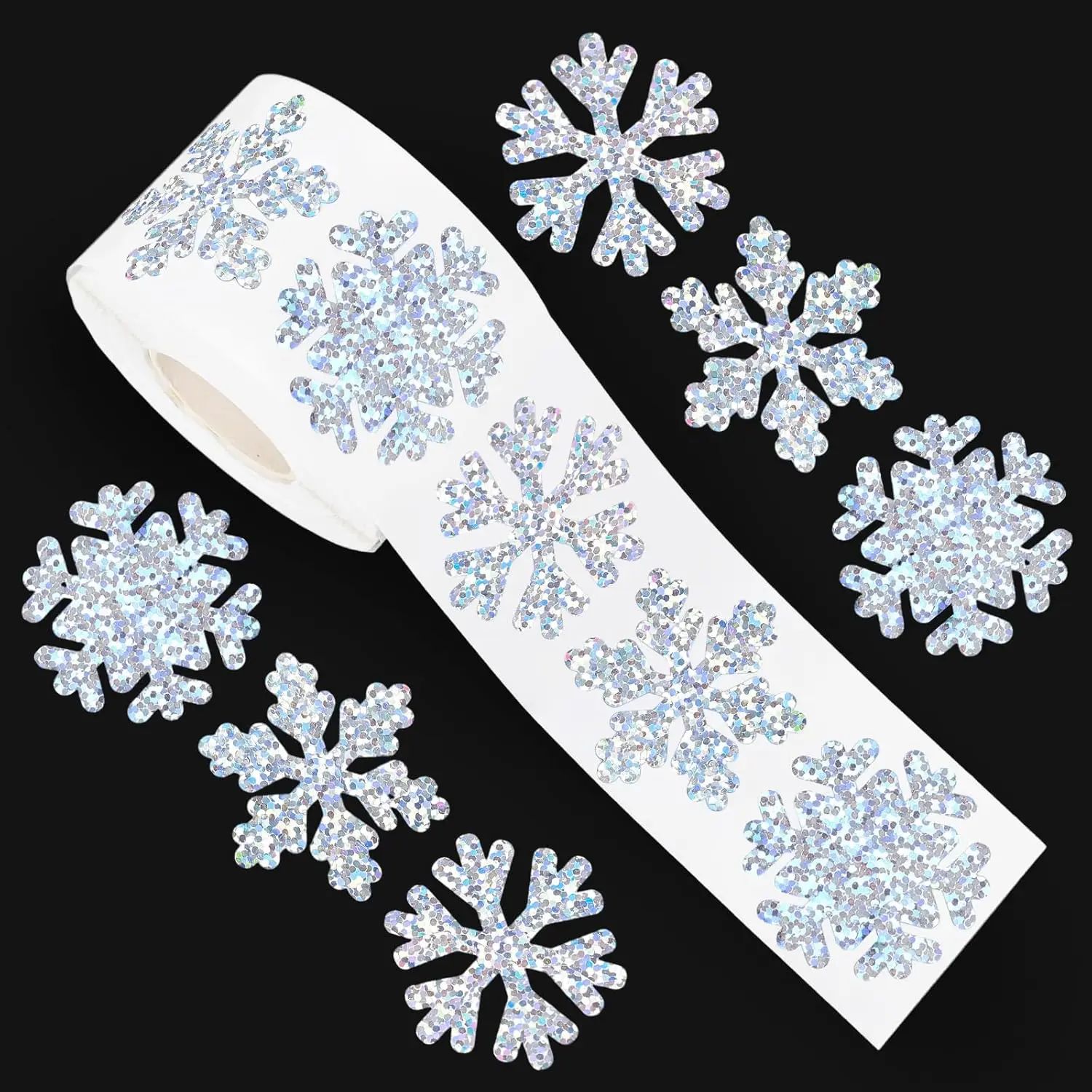 500Pcs/roll Laser Silver Winter Snowflake Sticker Roll – Waterproof Christmas Self-Adhesive Decals