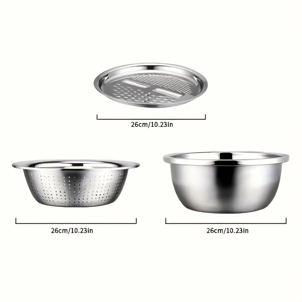 3-Piece Stainless Steel Strainer & Mixing Bowl Set – Multifunctional Fruit and Vegetable Washing Kit