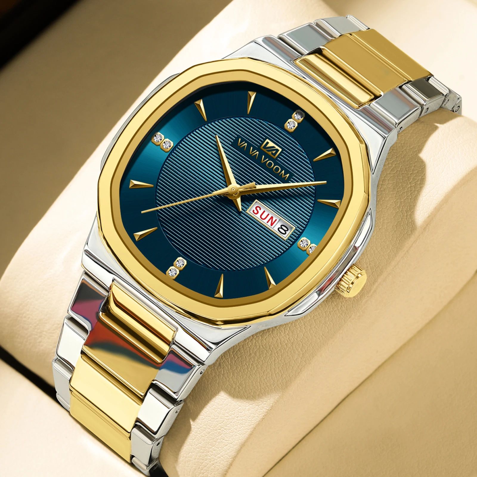 VA VA VOOM Gold Rhinestone Men's Luxury Watch - 41MM Stainless Steel Waterproof Quartz Business Timepiece