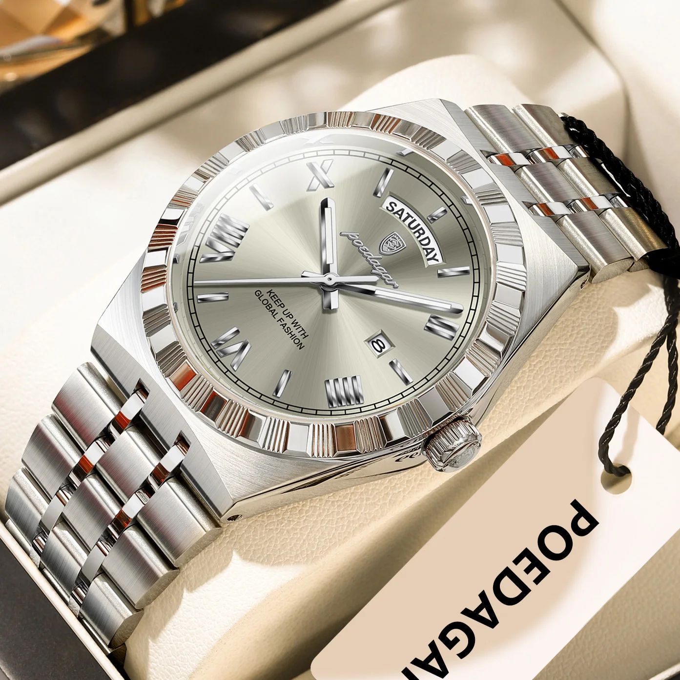 POEDAGAR 675 Luxury Stainless Steel Men's Quartz Watch with Luminous Week & Date Display