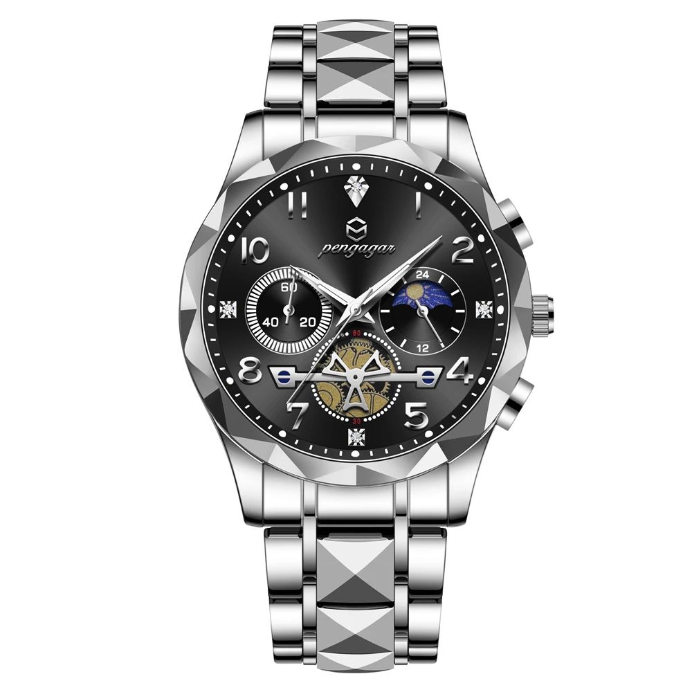 PAAZOMU Luxury Stainless Steel Men's Chronograph Quartz Watch with Moon Phase