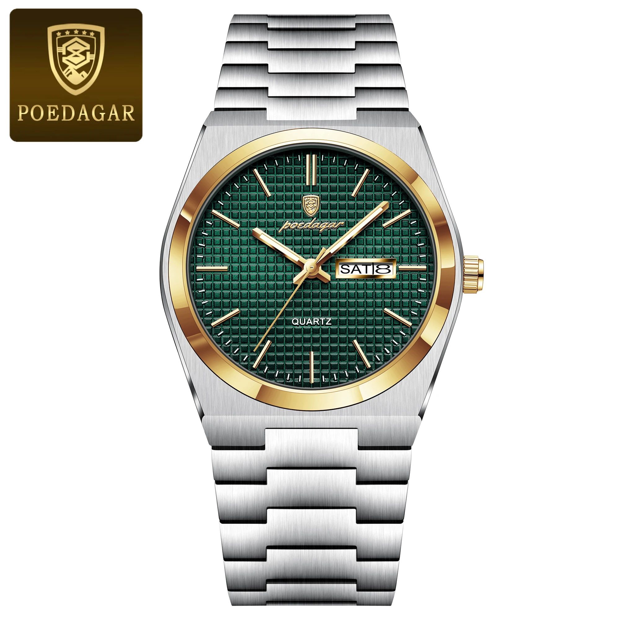 POEDAGAR Luxury Stainless Steel Waterproof Men's Quartz Watch with Luminous Date & Week