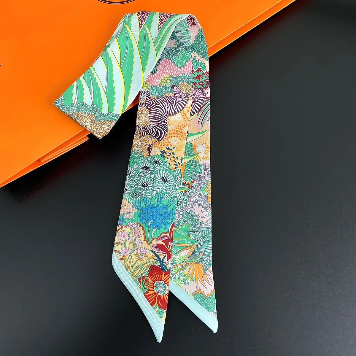 Luxury Zebra Floral Silk Skinny Scarf – Designer Women's Hair Ribbon, Neckerchief & Bag Twilly