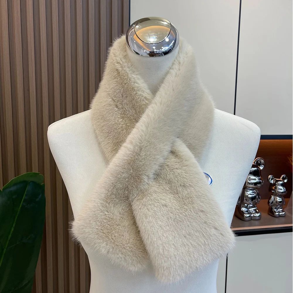 Plush Cross Faux Rabbit Fur Scarf for Women – Soft Winter Neck Warmer Collar