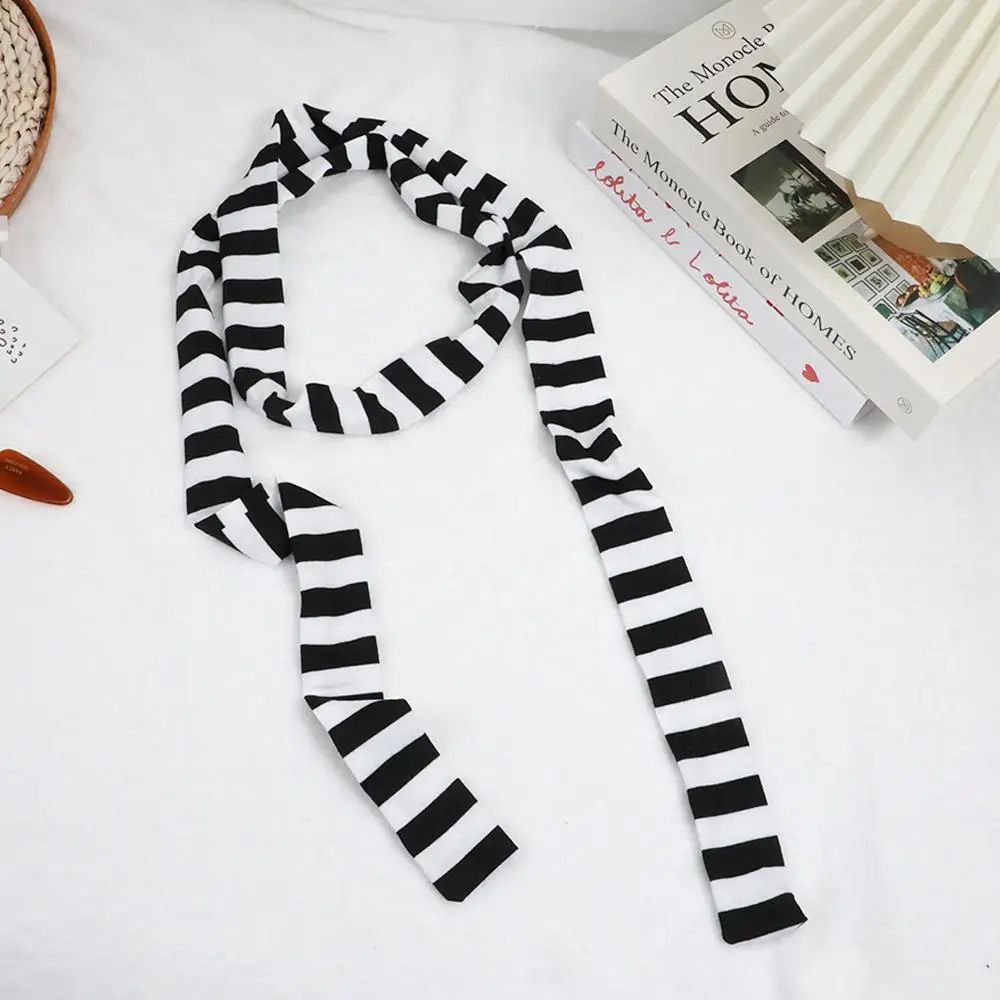 Harajuku Black & Grey Striped Long Skinny Scarf for Women – Cotton Silk Streetwear Neckerchief