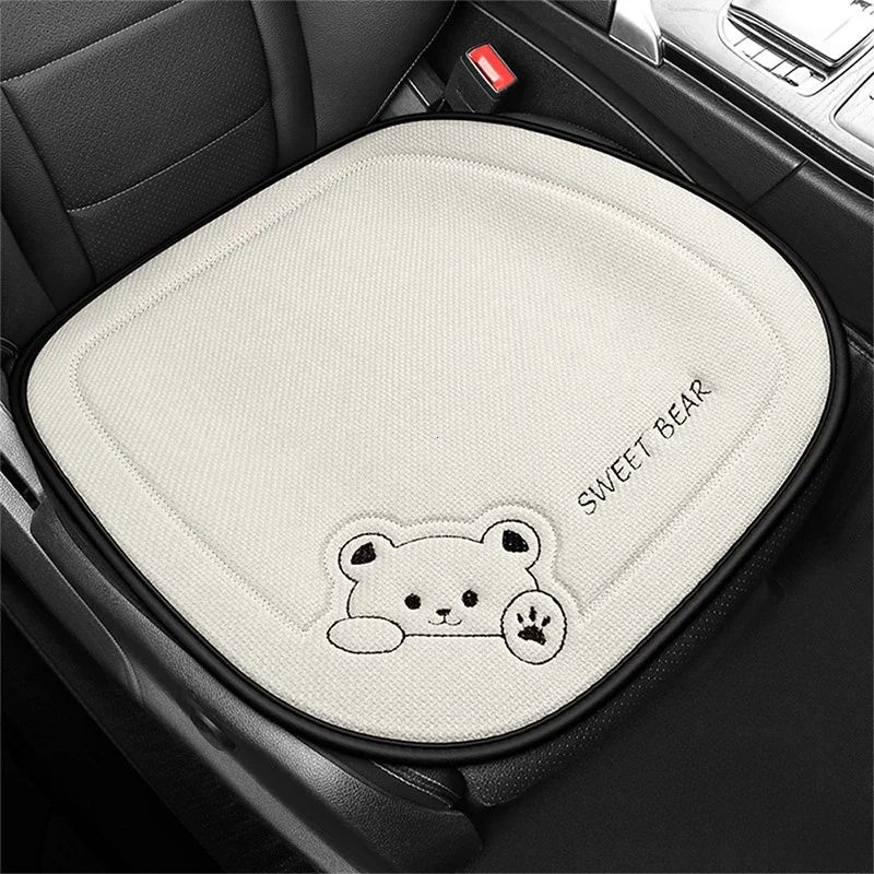 Luxury Cartoon Bear Linen Car Seat Cushion Cover Set – Anti-Slip Breathable Universal Fit for Front & Rear Seats