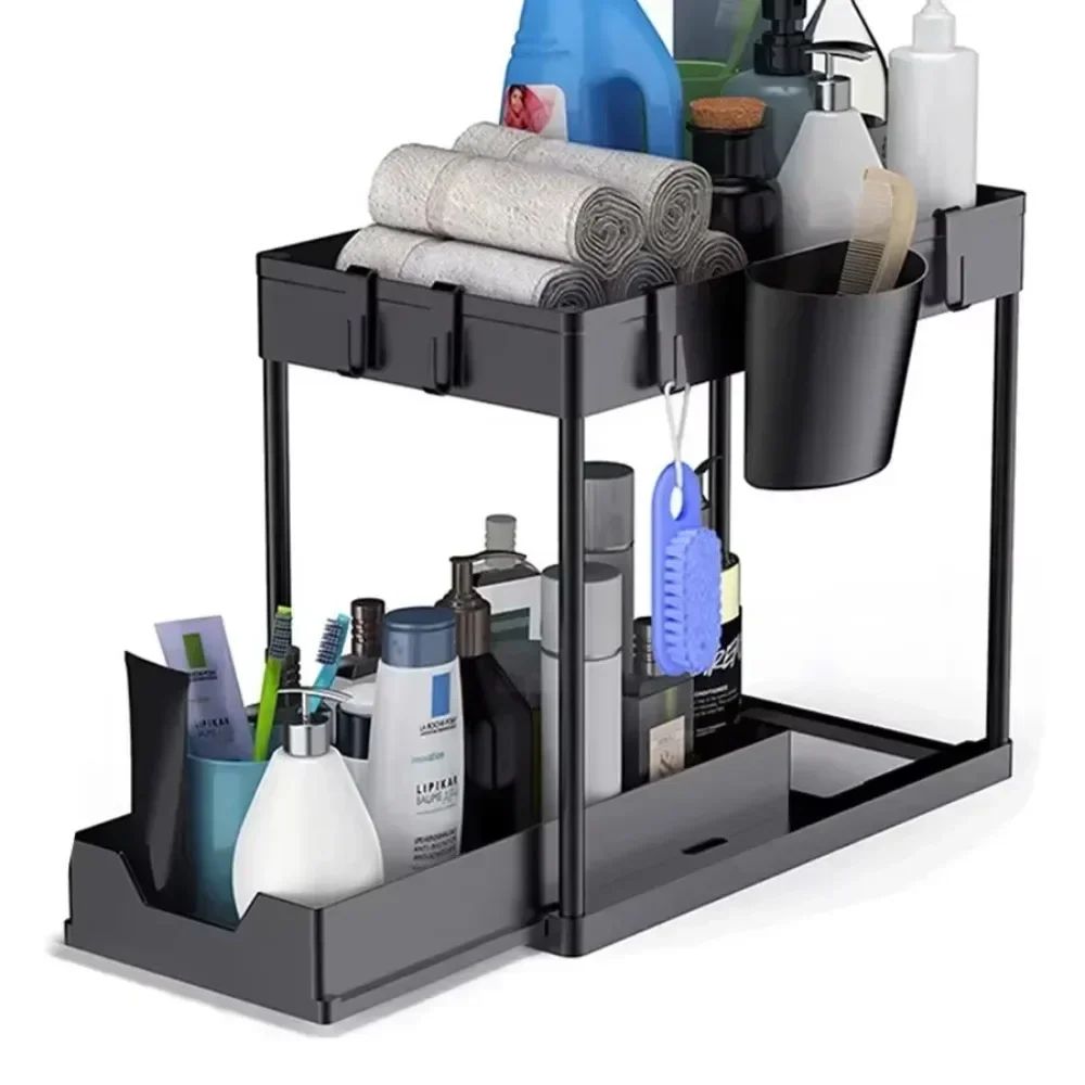2-Tier Sliding Under Sink Organizer – Space-Saving Cabinet Storage Rack with Hooks