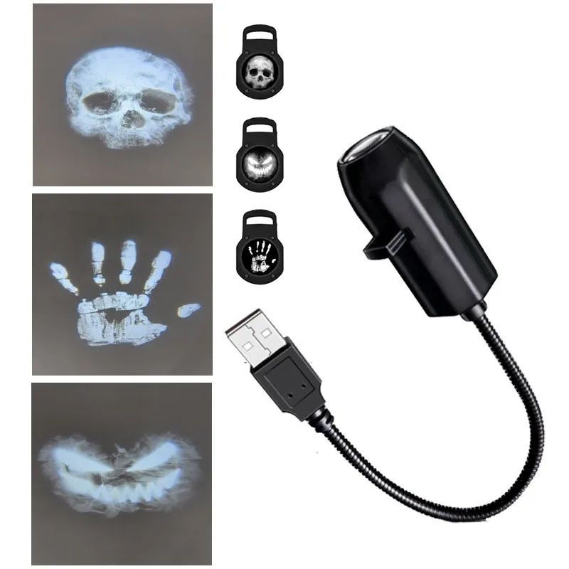Halloween Skull LED Projector Lamp – Rotating Ghost Scene USB Decorative Night Light