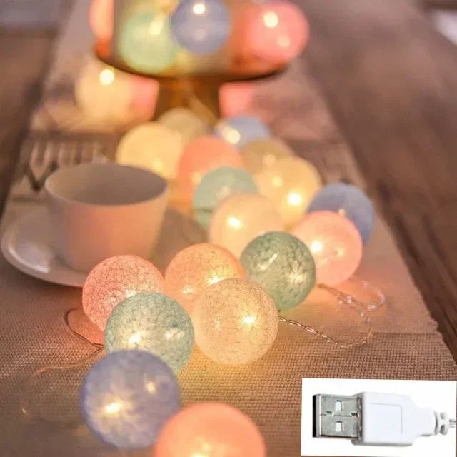 Cotton Ball LED String Lights – USB Fairy Lights Garland for Bedroom, Party & Wedding Decor