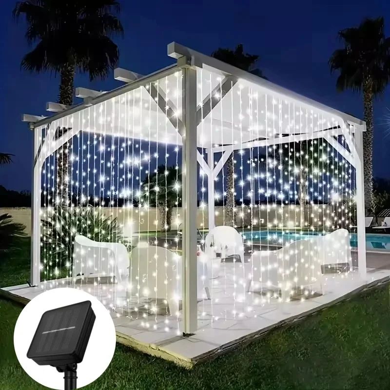 Solar Curtain String Lights Outdoor Waterproof LED Fairy Garland Lights for Garden, Patio, Wedding & Party Decor
