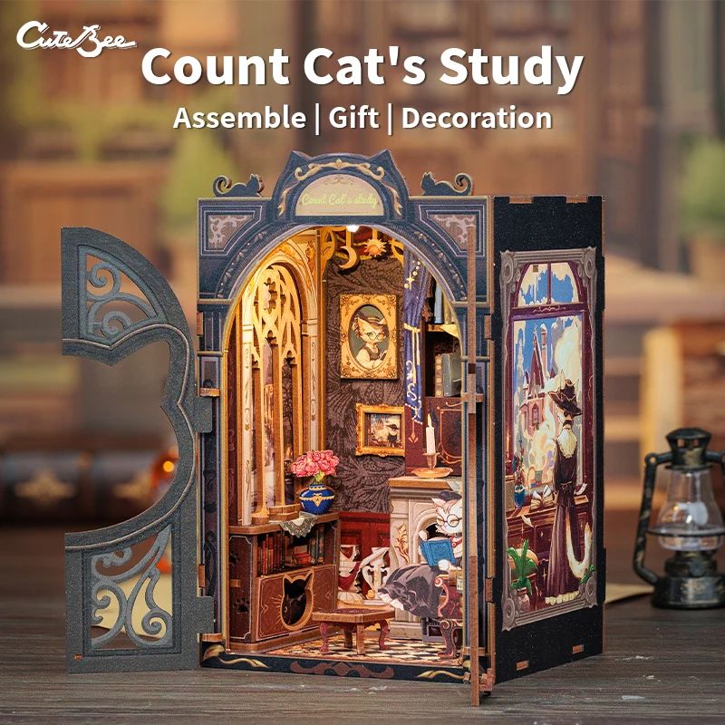 CUTEBEE Count Cat's Study DIY Book Nook Kit - Wooden 3D Puzzle Bookshelf Insert with Lights