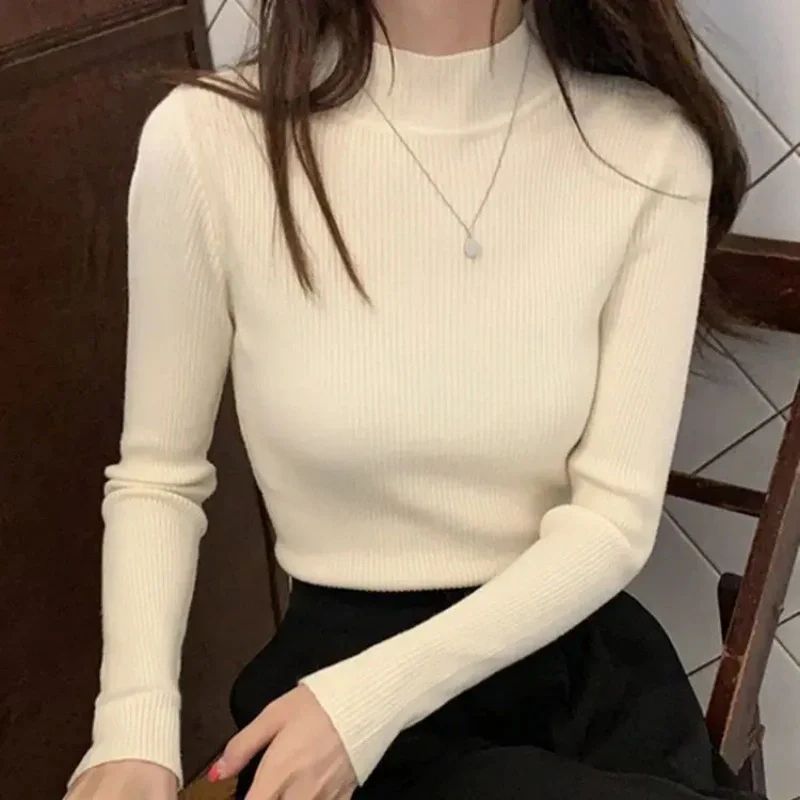 Women's Mock Neck Knit Sweater – Vintage Slim Fit Korean Style Pullover