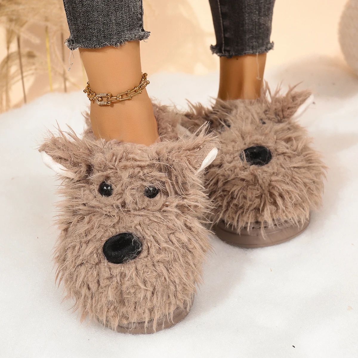 Cartoon Puppy Fluffy Fur Winter Slippers – Women's Warm Plush Thick Sole Indoor Mules