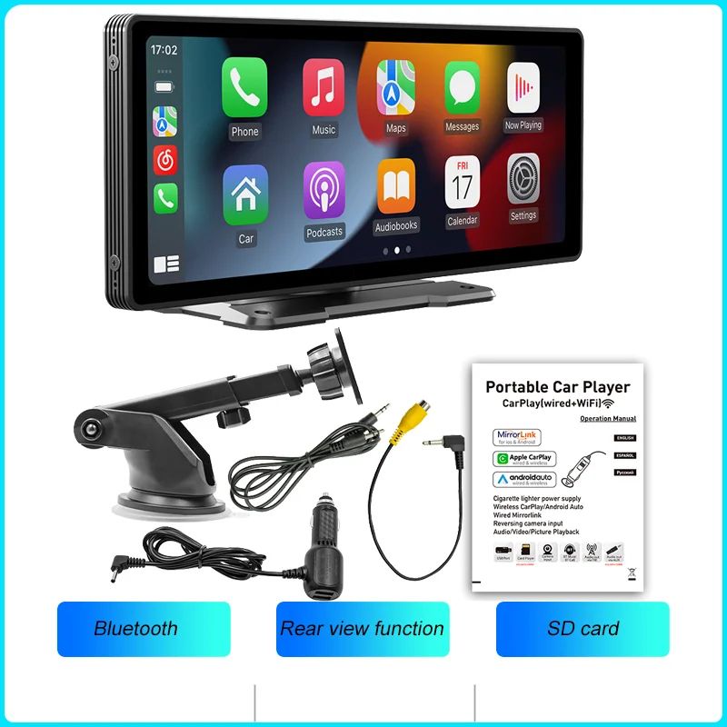 BQCC 10.26in Portable Wireless CarPlay & Android Auto Screen - HD Touchscreen Car Stereo with Backup Camera