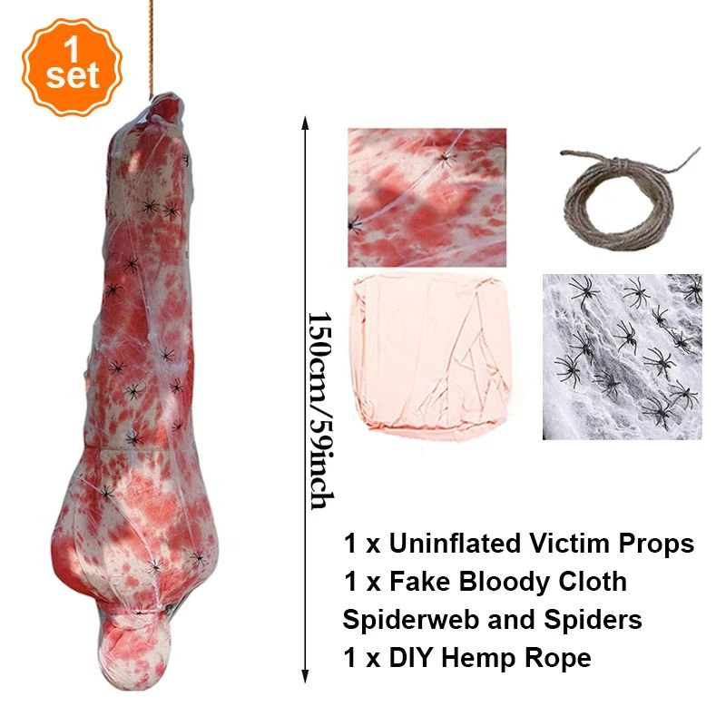 Haunted Cocoon Corpse Hanging Decoration with LED String Lights – Scary Halloween Dead Body Prop