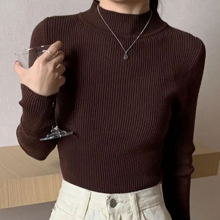 Women's Mock Neck Knit Sweater – Slim Fit Vintage Korean Style Pullover