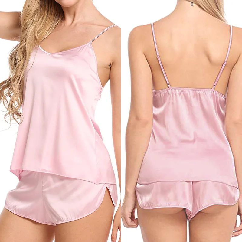 Silky Satin Cami Pajama Set for Women – Sexy Sleeveless Lingerie Sleepwear with Shorts