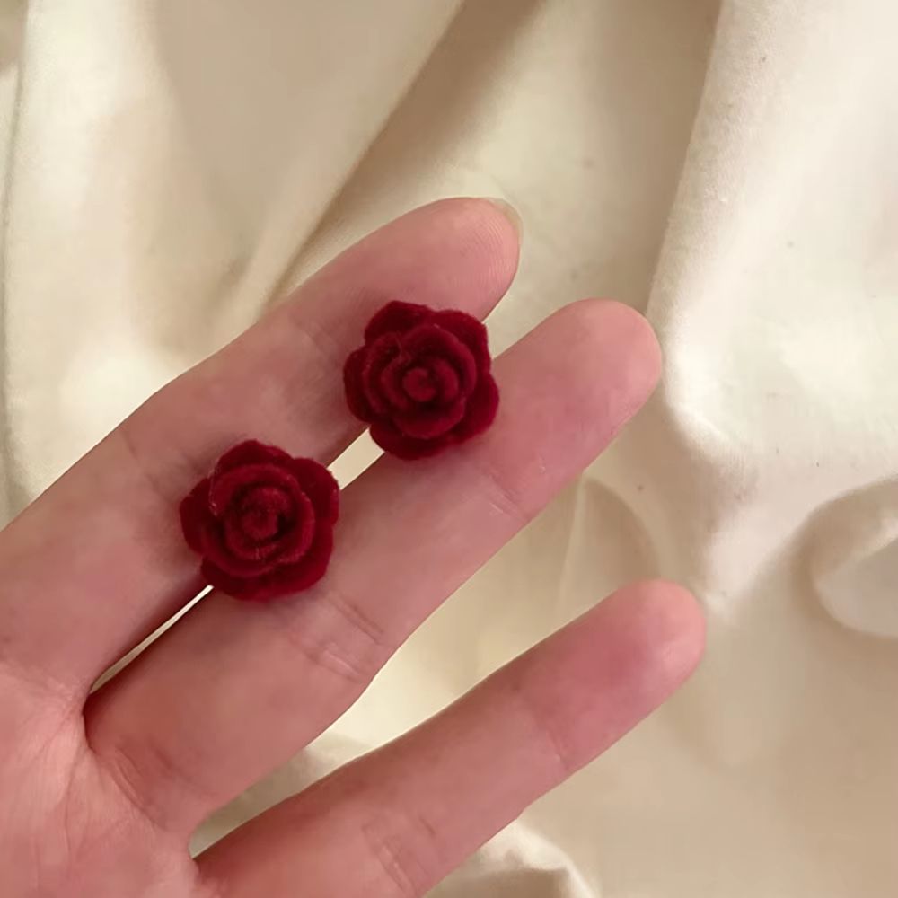 Vintage Wine Red Rose Stud Earrings – Elegant Flocked Flower Earrings with 925 Silver Needle