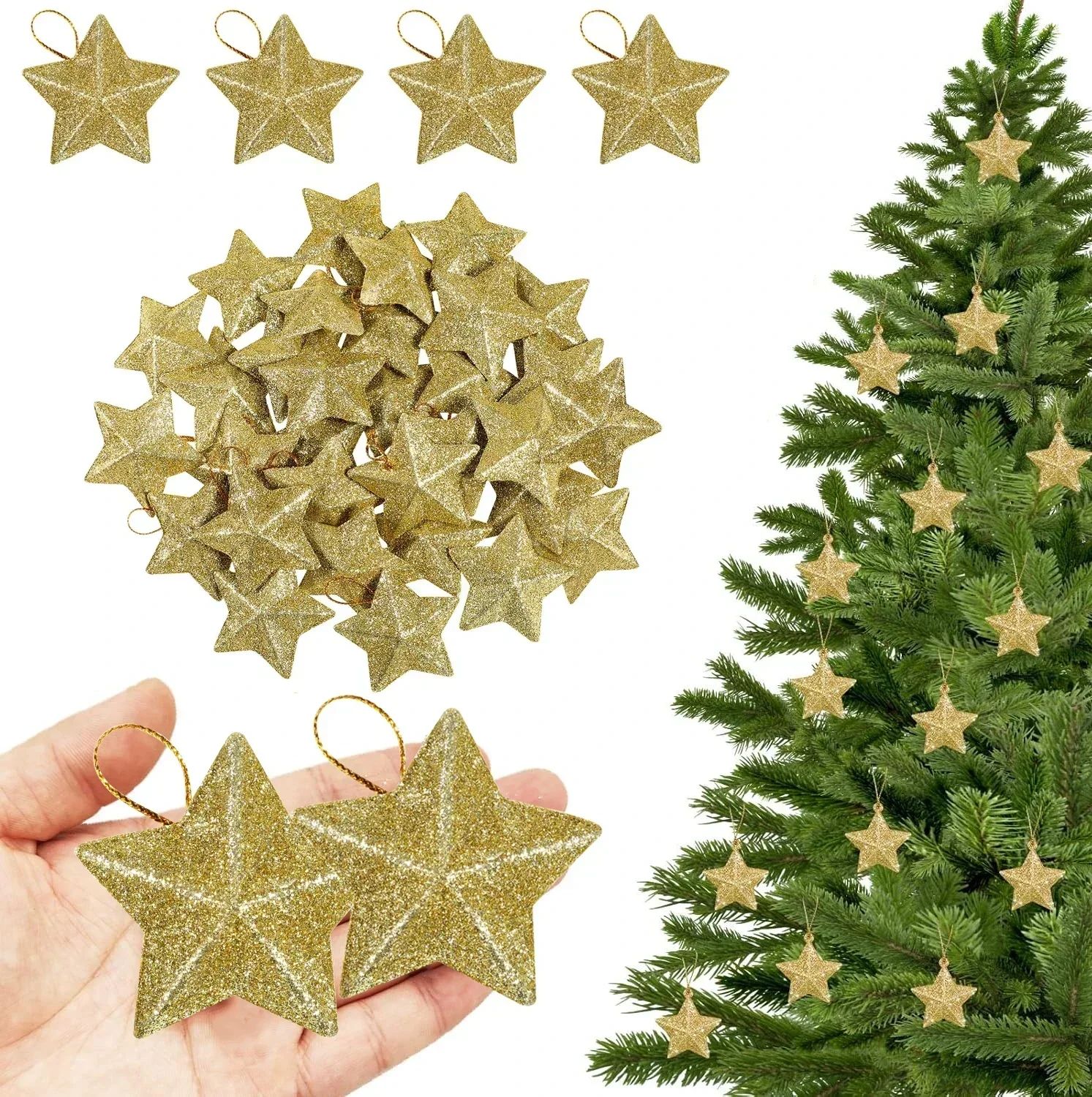 24pcs Gold Glitter Star Christmas Ornaments – Sparkling Hanging Tree Decorations for Holiday Party & Home Decor