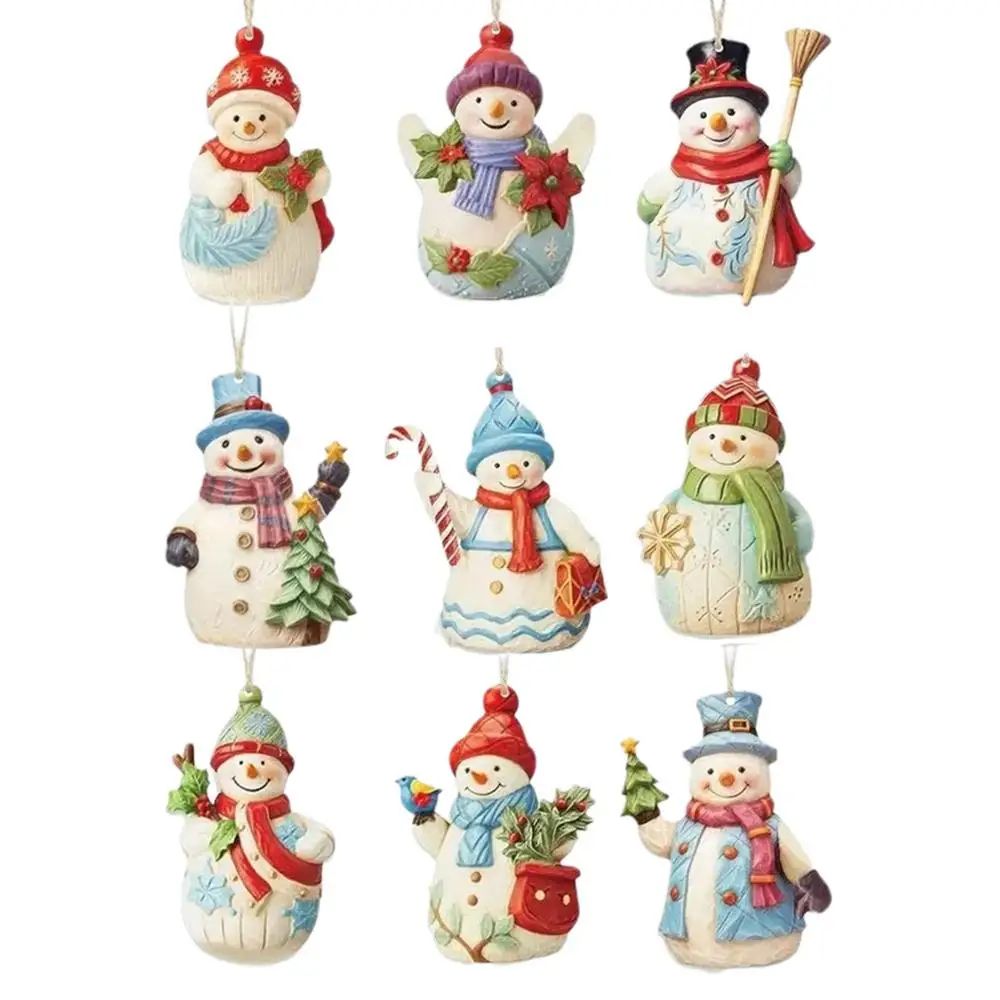 Wooden Snowman Christmas Tree Ornaments Set - Rustic Hanging Snowman Decorations for Holiday Home Decor