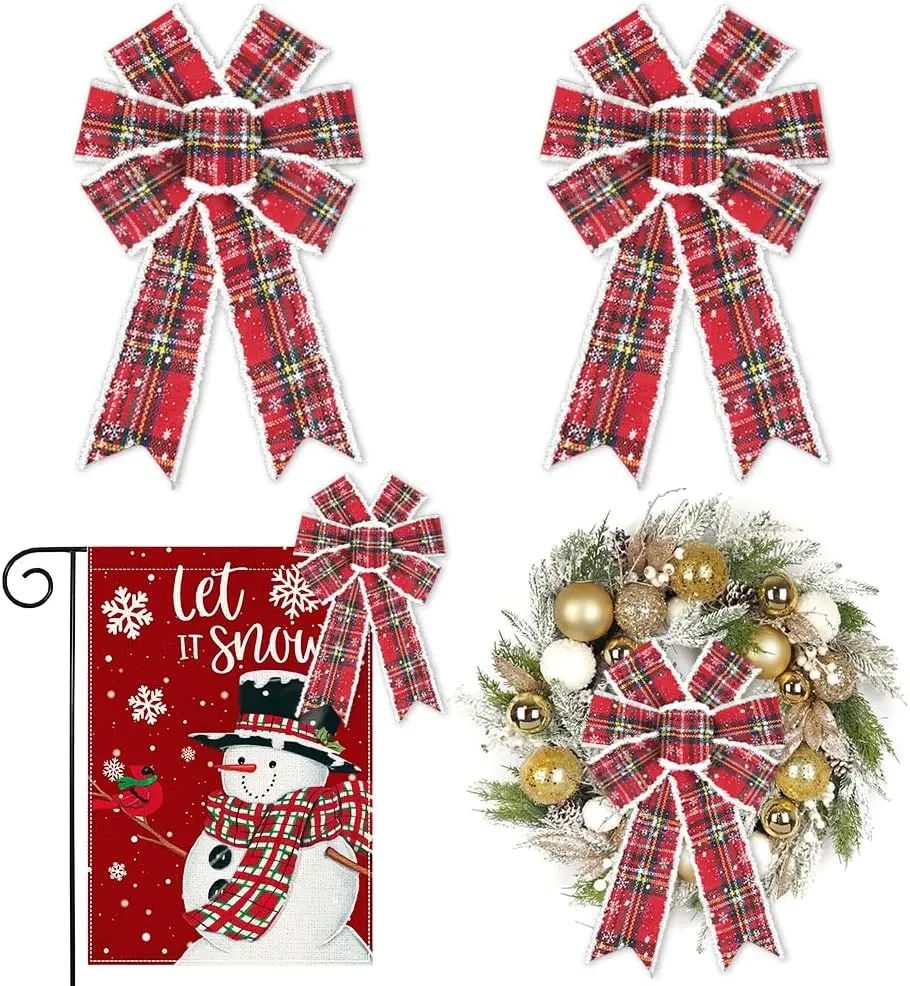 Vintage Buffalo Plaid Christmas Wreath Bows – 2 pcs Red Snowflake Holiday Tree & Door Decoration Bows