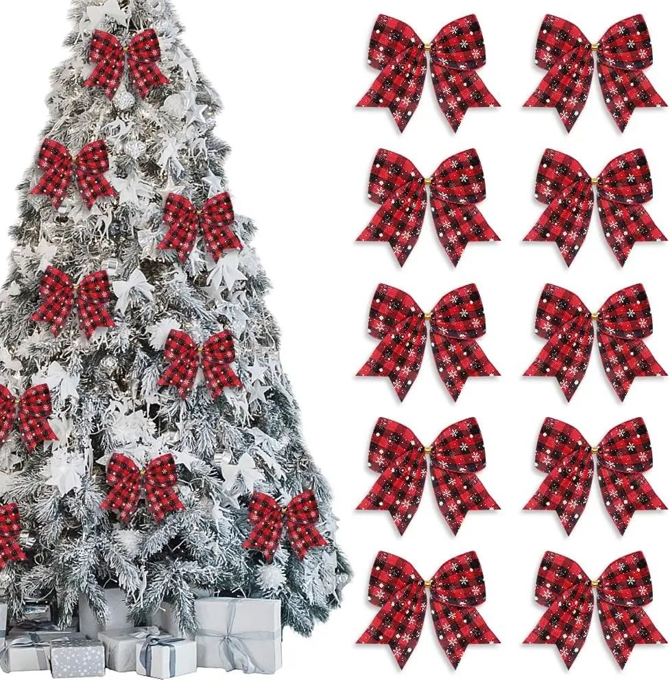 Red Black Buffalo Plaid Christmas Wreath Bows – 10 pcs Snowflake Burlap Tree & Door Decoration Bows