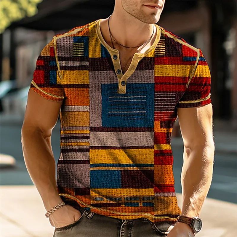 Men's Vintage Color Block Henley Shirt – Patchwork 3D Print Short Sleeve Casual Button Tee