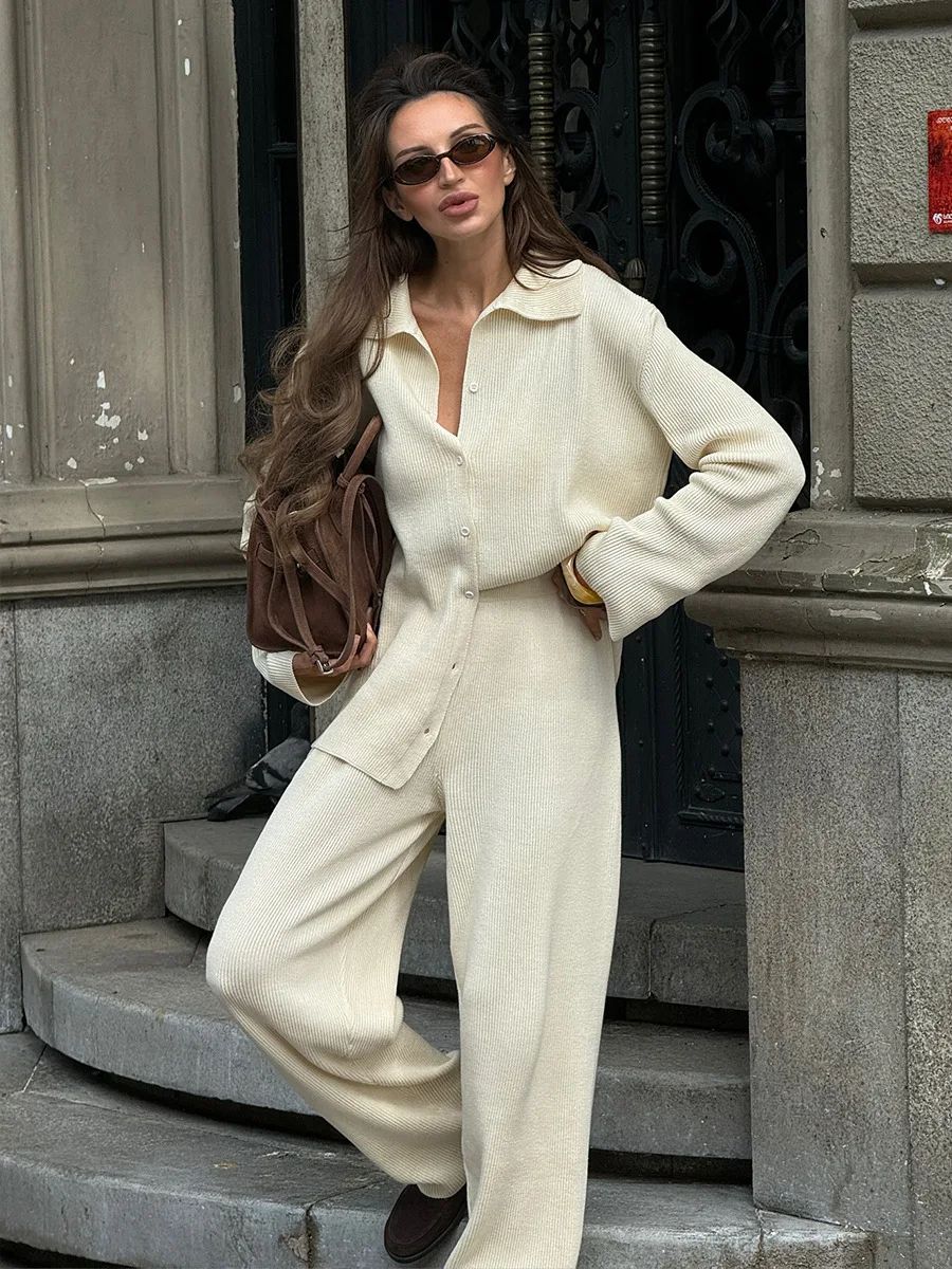 Bornladies Women's Knit Cardigan & Pants Set – Autumn Winter Loose Two-Piece Office Sweater Outfit