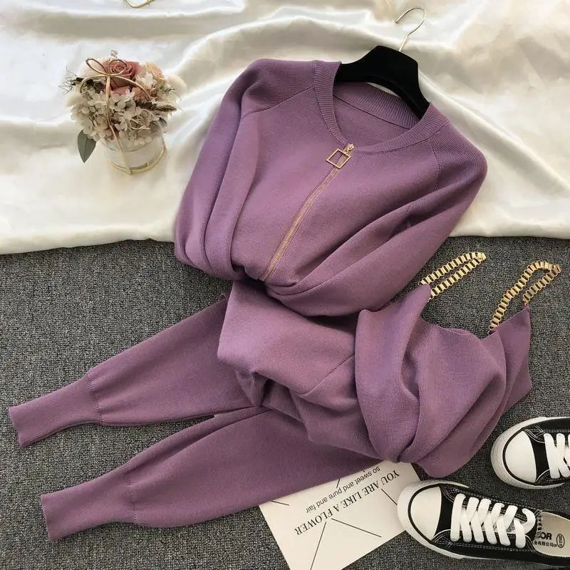 Women's 3-Piece Knitted Cardigan, Vest & Harem Pants Set – High Stretch Office Lady Sweater Outfit