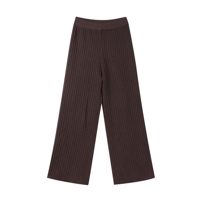 Women's Vintage Knit Cardigan & Straight Pants Set – Brown Loose Fit 2-Piece Fashion Suit