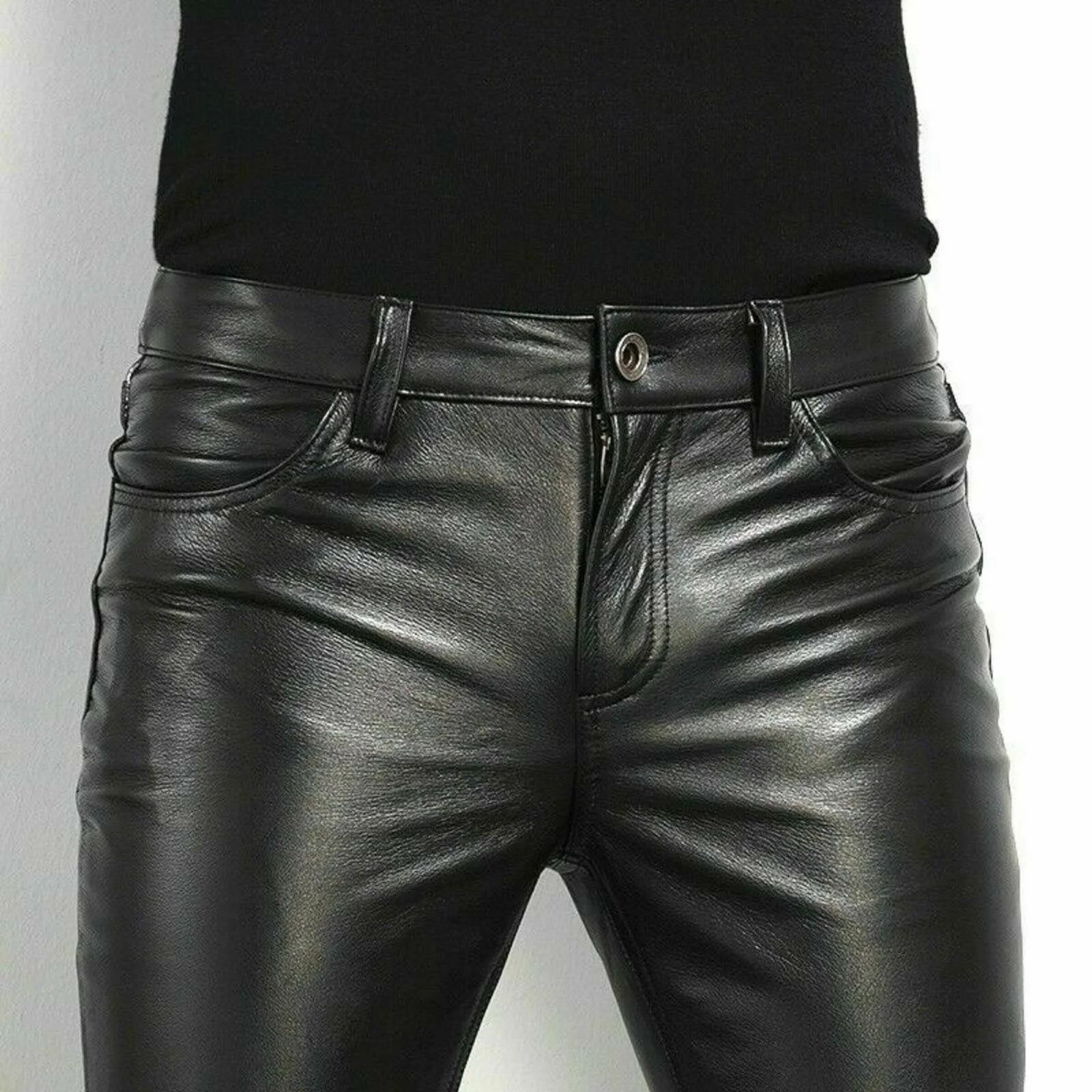 Men's Slim Fit Faux Leather Biker Pants – Rock Style PU Motorcycle Party Trousers