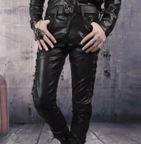 Men's Punk Style Faux Leather Motorcycle Pants – Black Side Lace-Up Biker Trousers