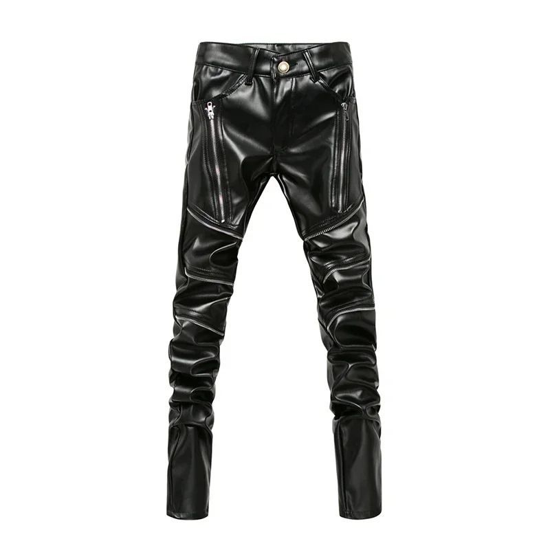 Men's High Waist PU Leather Skinny Biker Pants – Slim Fit Motorcycle Clubwear Trousers