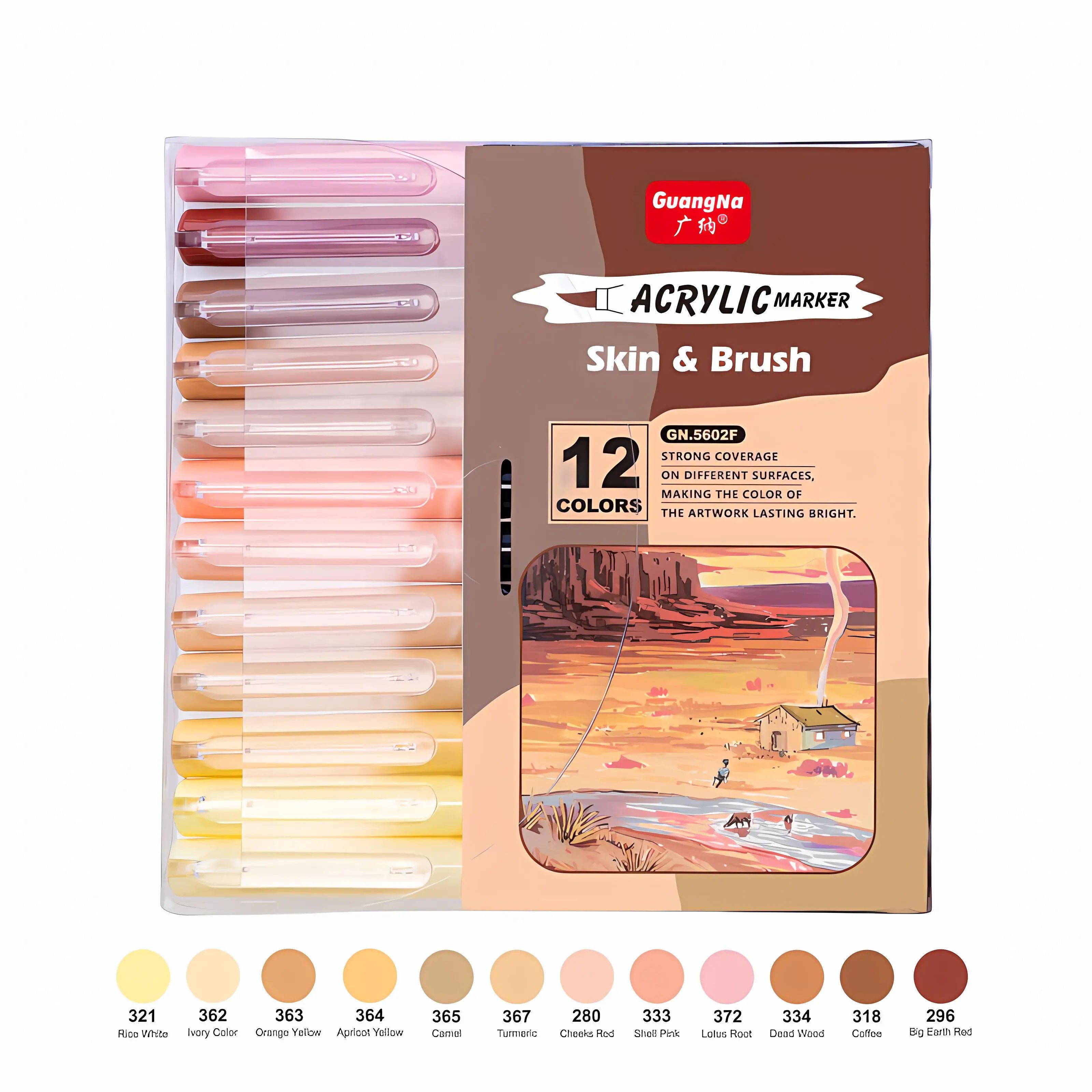 12-Color Skin Tone Acrylic Brush Markers - Waterproof Soft Nylon Tip Art Pens for Portrait Drawing