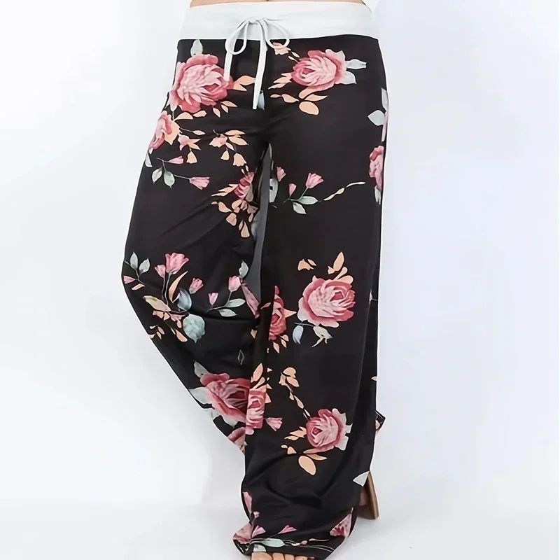 Women's Plus Size Floral Wide Leg Yoga Pants – Loose Fit Drawstring Casual Lounge Trousers