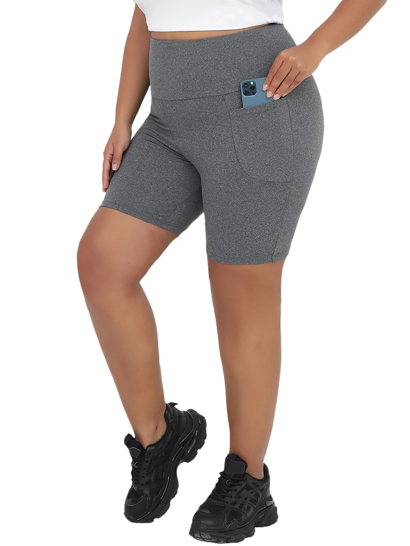 Women's Plus Size High-Waist Biker Shorts with Pockets – Tummy Control Stretch Workout & Yoga Shorts