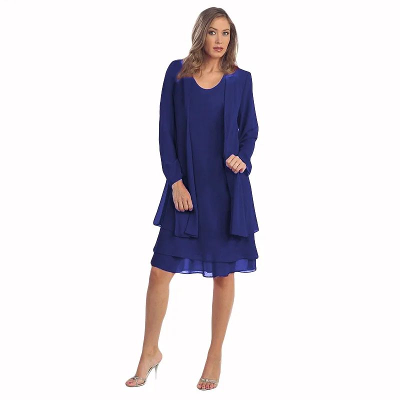 Yihddy Women's 2-Piece Chiffon Dress Set – Elegant Long Sleeve Cardigan & Knee-Length Party Dress Plus Size
