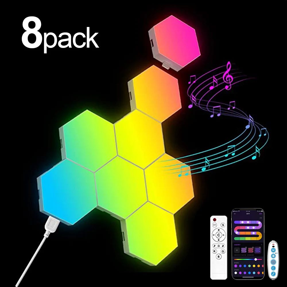RGB Smart Hexagon Wall Lights – Music Sync LED Panels with App Control & DIY Modular Design