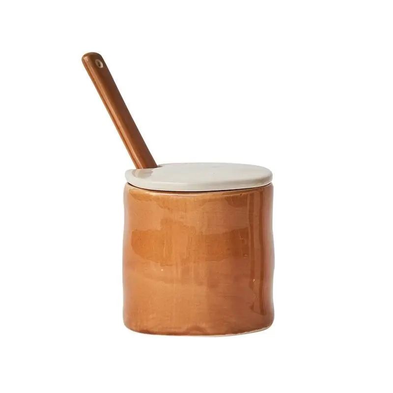 Vintage Ceramic Stripe Seasoning Jar with Spoon – Elegant Spice Storage Container for Kitchen & Table Decor