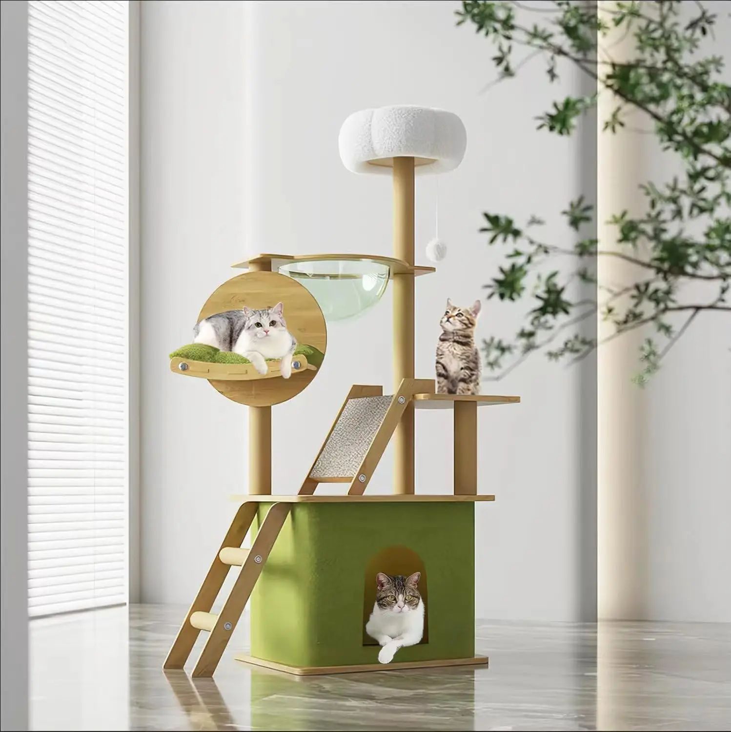 GreenLuxe 59in Modern Cat Tree Tower – Multi-Level Condo with Space Capsule, Hammock & Scratching Posts for Indoor Cats