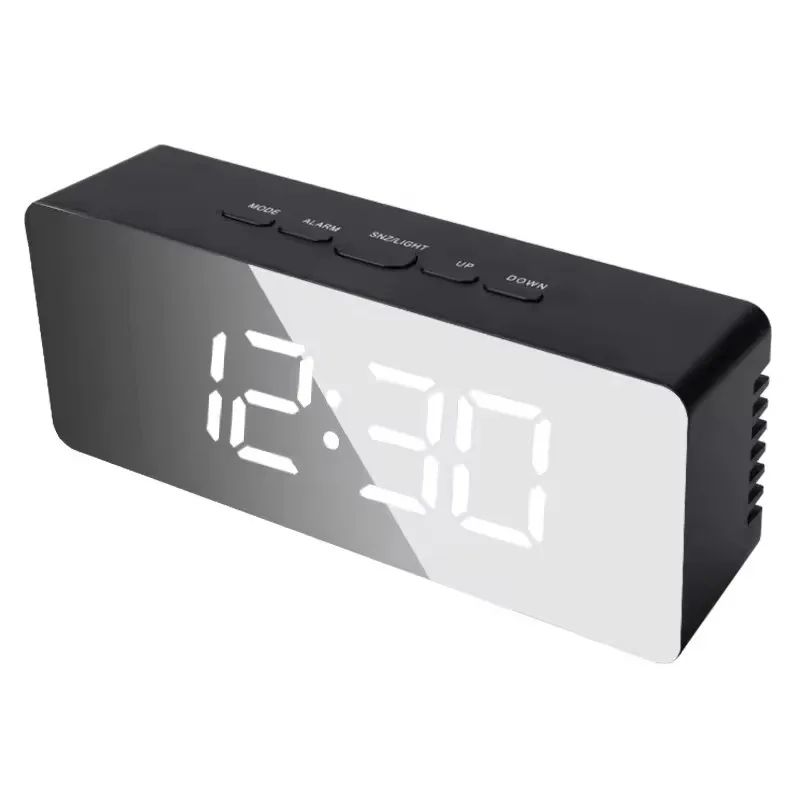 White LED Mirror Digital Alarm Clock – USB Powered Snooze Night Light Desk Clock