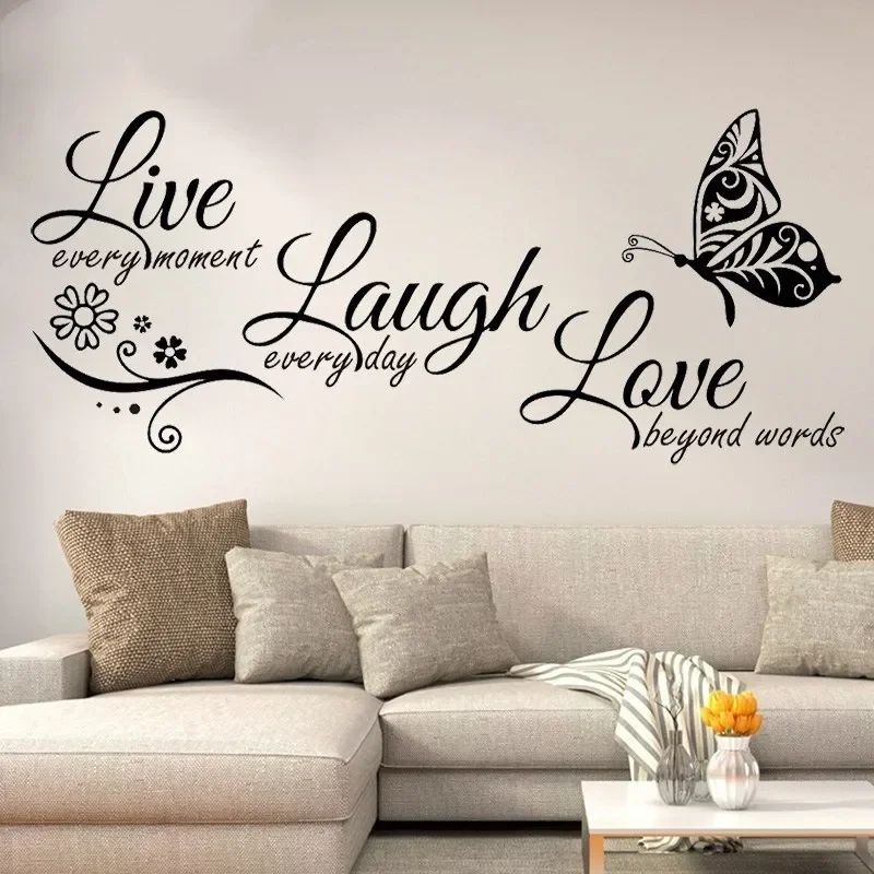 Live Laugh Love Butterfly Wall Sticker – Modern Floral Quote Vinyl Decal for Living Room Decor