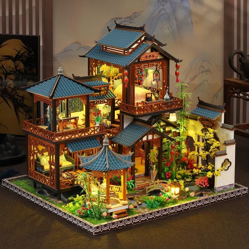 DIY Orchid Pavilion Book Nook Kit - 3D Ancient Chinese Miniature Model Shelf Insert Decor