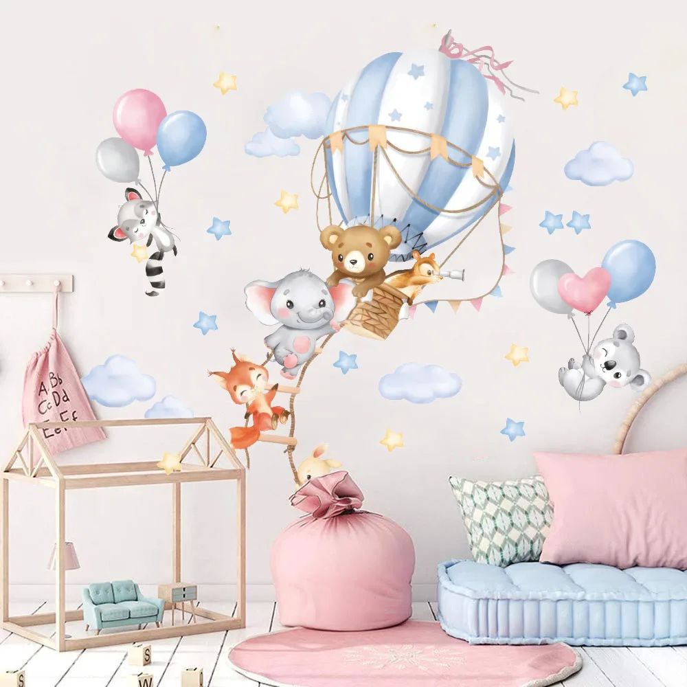 Large Hot Air Balloon Animal Wall Stickers – Nursery Bear Elephant Fox Decal for Kids Room & Playroom Decor