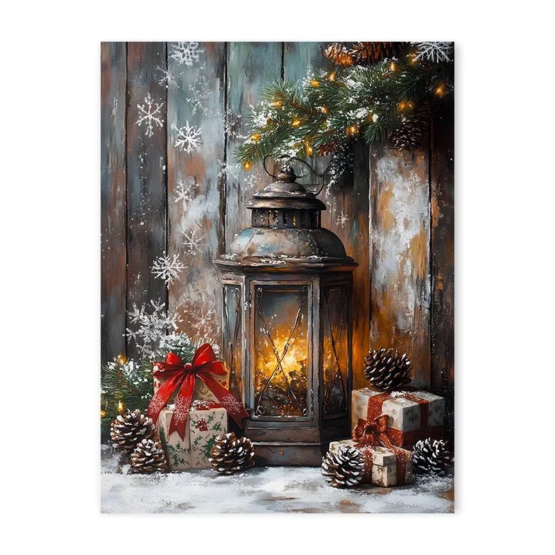 Vintage Red Truck Christmas Canvas Wall Art – Nordic Winter Snow Scene Reindeer Holiday Decor