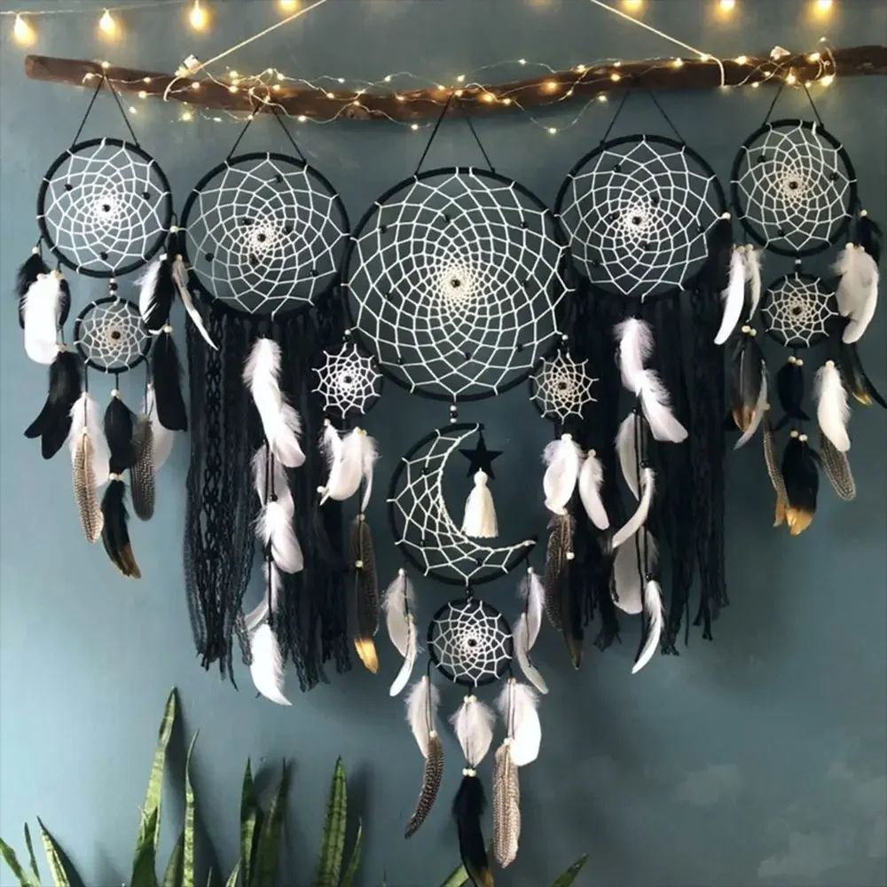 Boho Macrame Dream Catcher Set - 5pcs Moon Wall Hanging Decor for Nursery & Home