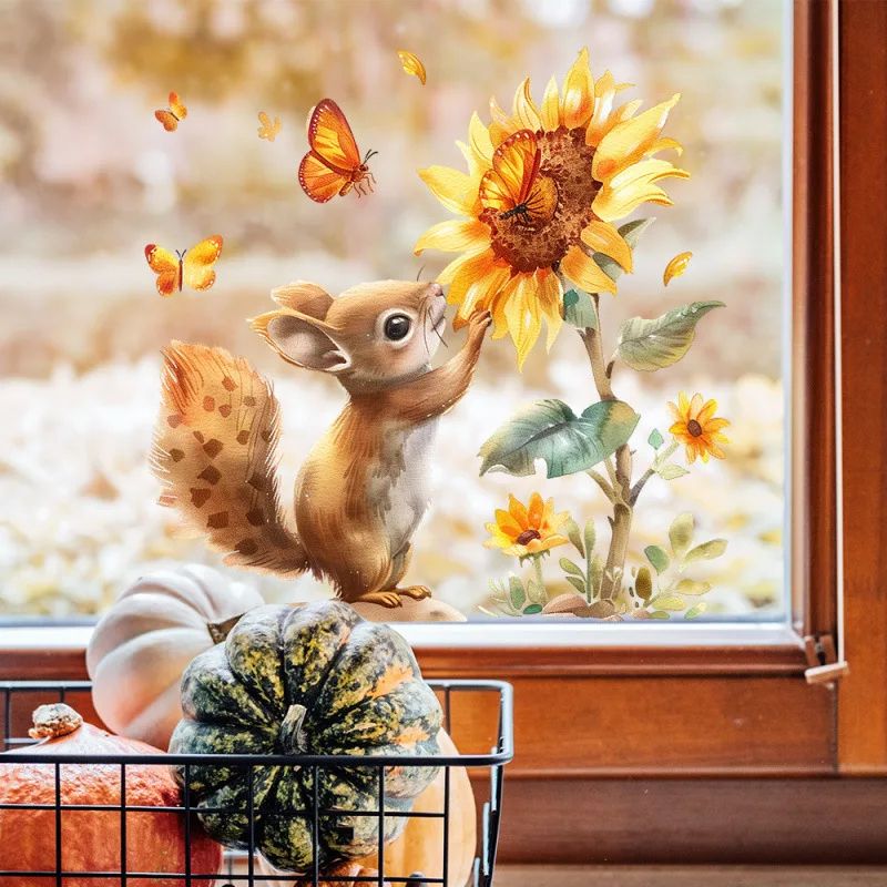 Rustic Watercolor Squirrel Wall Decal - Sunflower Window Sticker for Home & Glass Decor