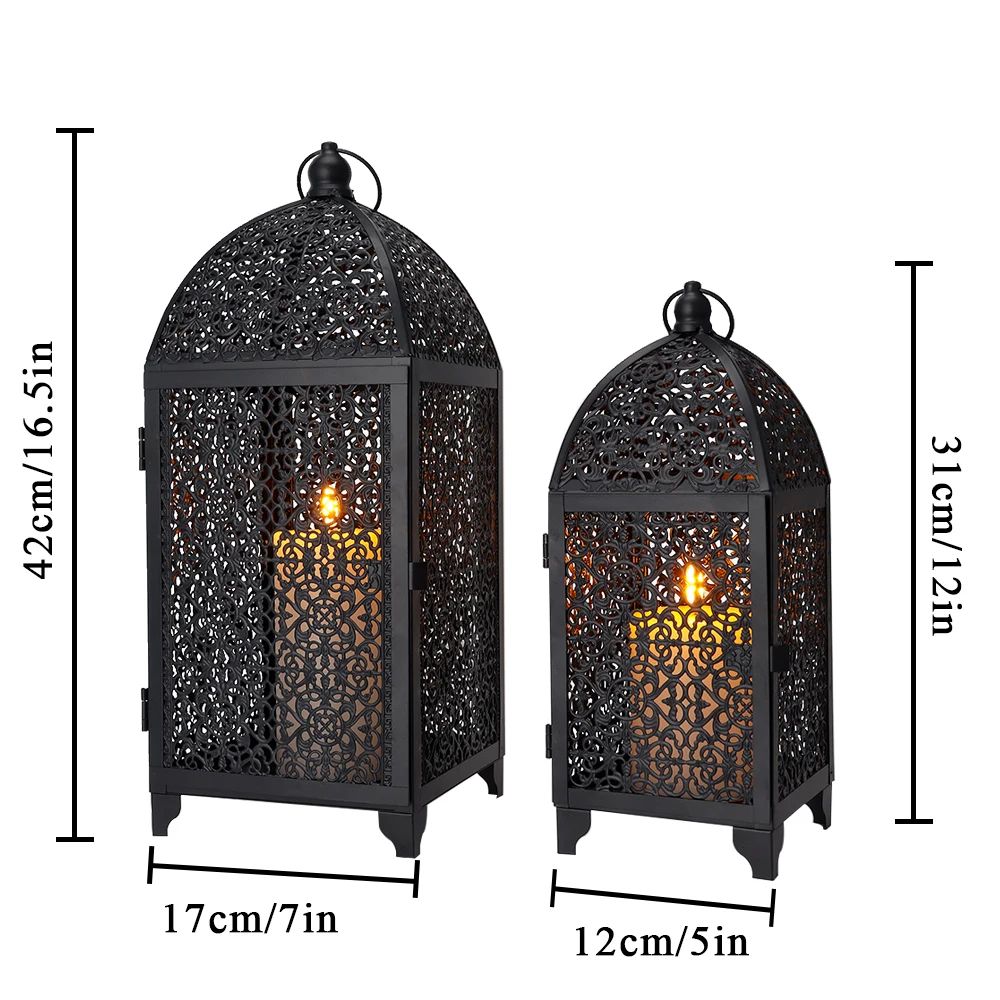 2pcs Black Metal Hanging Candle Lantern Set – Decorative Hollow Pattern Candle Holders for Indoor & Outdoor Decor