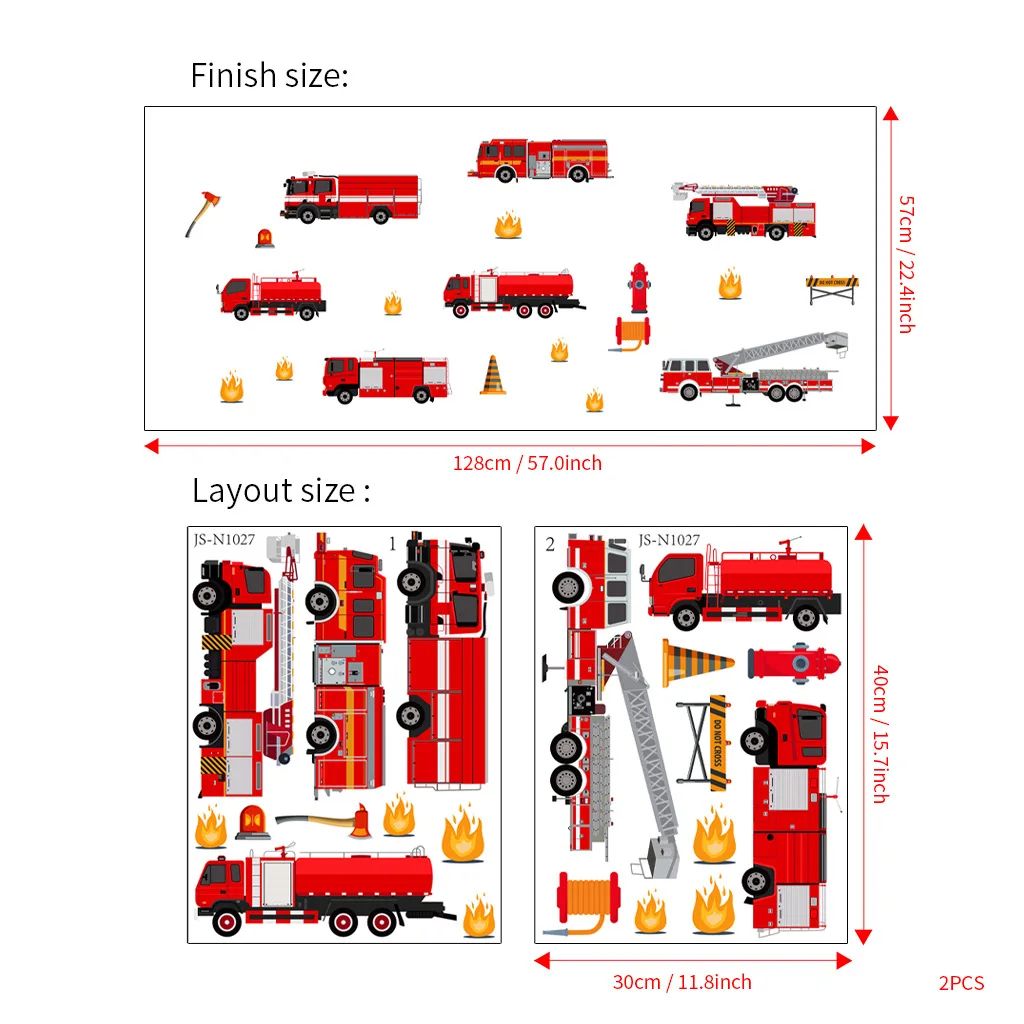 Kids Cartoon Fire Truck Wall Decal Stickers – Removable Firetruck Mural for Bedroom, Nursery & Playroom Decor